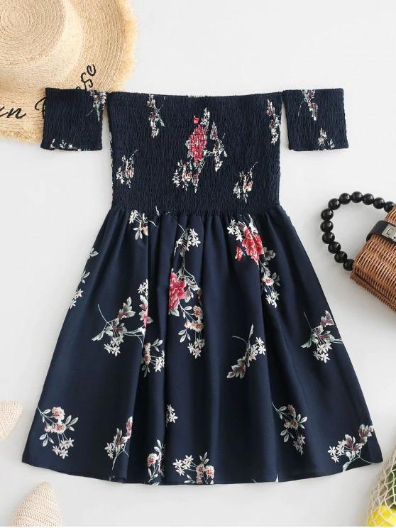 Floral Smocked Off Shoulder Mini Dress - Dresses - INS | Online Fashion Free Shipping Clothing, Dresses, Tops, Shoes - Black - Blue - Color_Black