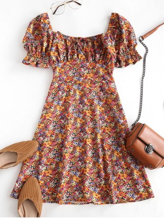 Floral Smocked Puff Sleeve Milkmaid Dress - INS | Online Fashion Free Shipping Clothing, Dresses, Tops, Shoes