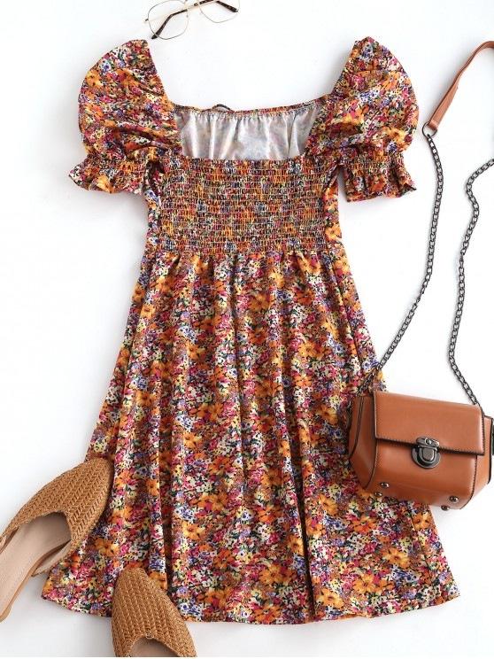 Floral Smocked Puff Sleeve Milkmaid Dress - INS | Online Fashion Free Shipping Clothing, Dresses, Tops, Shoes