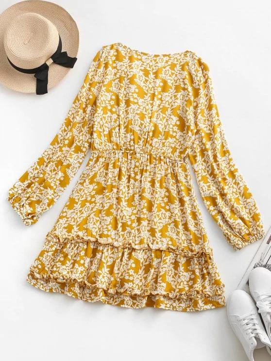 Floral Tie Front Ruffles Long Sleeve Dress - INS | Online Fashion Free Shipping Clothing, Dresses, Tops, Shoes