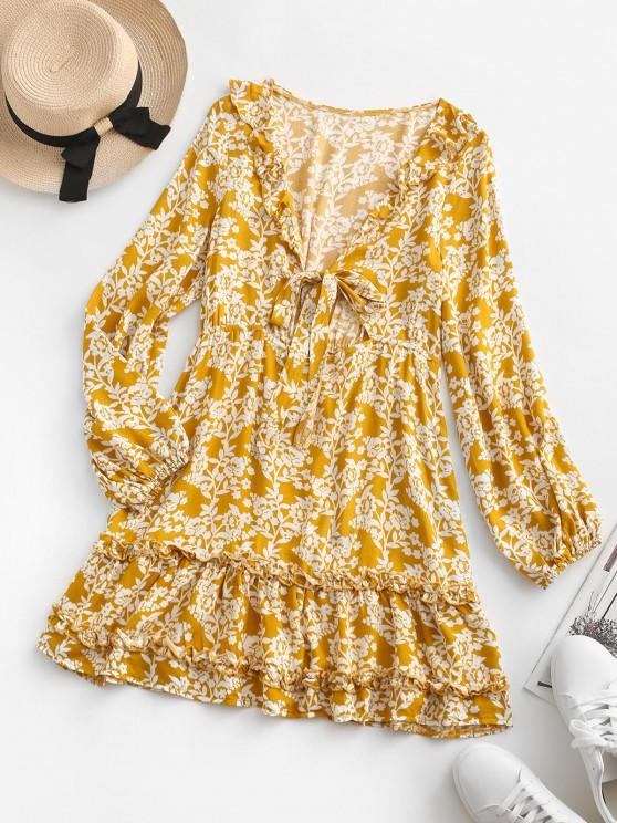 Floral Tie Front Ruffles Long Sleeve Dress - INS | Online Fashion Free Shipping Clothing, Dresses, Tops, Shoes