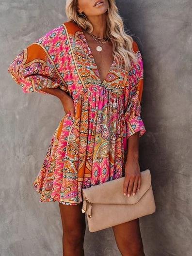 Floral V-neck High Waist Mid-sleeved Dress - Mini Dresses - INS | Online Fashion Free Shipping Clothing, Dresses, Tops, Shoes - 06/07/2021 - 20-30 - color-red