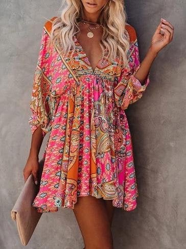 Floral V-neck High Waist Mid-sleeved Dress - Mini Dresses - INS | Online Fashion Free Shipping Clothing, Dresses, Tops, Shoes - 06/07/2021 - 20-30 - color-red