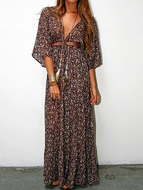 Floral V-neck Mid-sleeve Long Dress - Maxi Dresses - INS | Online Fashion Free Shipping Clothing, Dresses, Tops, Shoes - 25/06/2021 - 40-50 - color-brown