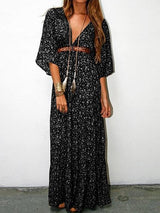 Floral V-neck Mid-sleeve Long Dress - Maxi Dresses - INS | Online Fashion Free Shipping Clothing, Dresses, Tops, Shoes - 25/06/2021 - 40-50 - color-brown