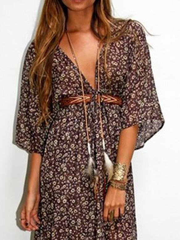 Floral V-neck Mid-sleeve Long Dress - Maxi Dresses - INS | Online Fashion Free Shipping Clothing, Dresses, Tops, Shoes - 25/06/2021 - 40-50 - color-brown