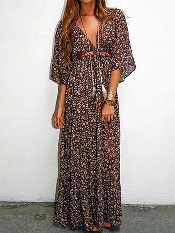 Floral V-neck Mid-sleeve Long Dress - Maxi Dresses - INS | Online Fashion Free Shipping Clothing, Dresses, Tops, Shoes - 25/06/2021 - 40-50 - color-brown