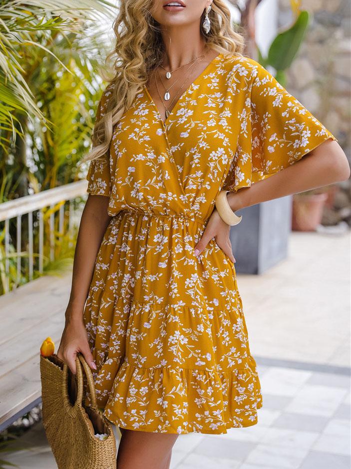 Floral V-neck Ruffle Sleeve Dress - Mini Dresses - INS | Online Fashion Free Shipping Clothing, Dresses, Tops, Shoes - 24/06/2021 - 30-40 - color-yellow