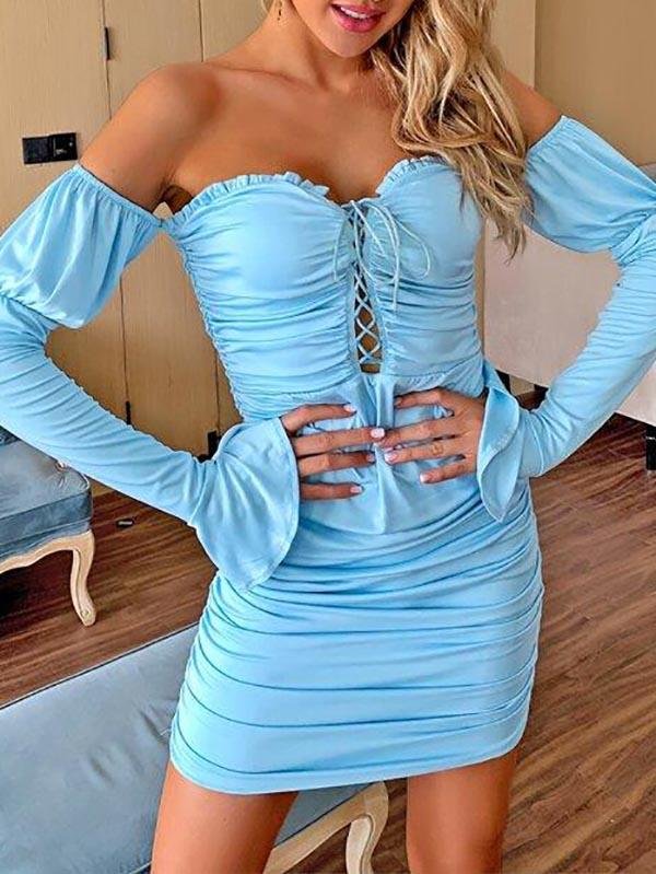 Flounce Sleeve Lace Up Front Ruched Bardot Dress - Dresses - INS | Online Fashion Free Shipping Clothing, Dresses, Tops, Shoes - #idol - 02/05/2021 - Blue