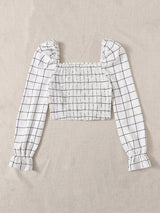 Flounce Sleeve Plaid Shirred Crop Blouse - INS | Online Fashion Free Shipping Clothing, Dresses, Tops, Shoes