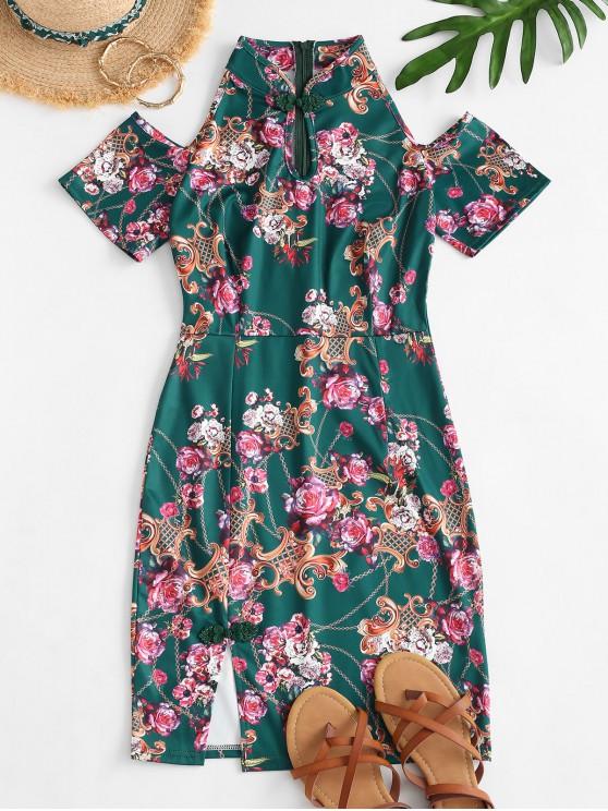 Flower Chain Print Cold Shoulder Slit Mandarin Dress - INS | Online Fashion Free Shipping Clothing, Dresses, Tops, Shoes