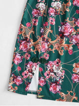 Flower Chain Print Cold Shoulder Slit Mandarin Dress - INS | Online Fashion Free Shipping Clothing, Dresses, Tops, Shoes