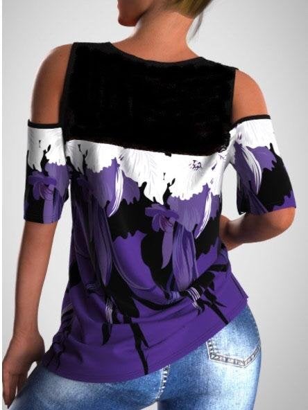 Flower Print Cold Shoulder Lace Stitching T-shirt - T-Shirts - INS | Online Fashion Free Shipping Clothing, Dresses, Tops, Shoes - 04/06/2021 - Category_T-Shirts - Color_Multicolor