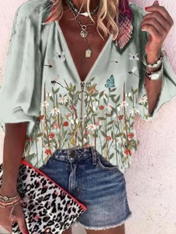 Flower Print Zipper Long Sleeve Casual Blouse - Blouses - INS | Online Fashion Free Shipping Clothing, Dresses, Tops, Shoes - 20-30 - 28/06/2021 - BLO2106281132