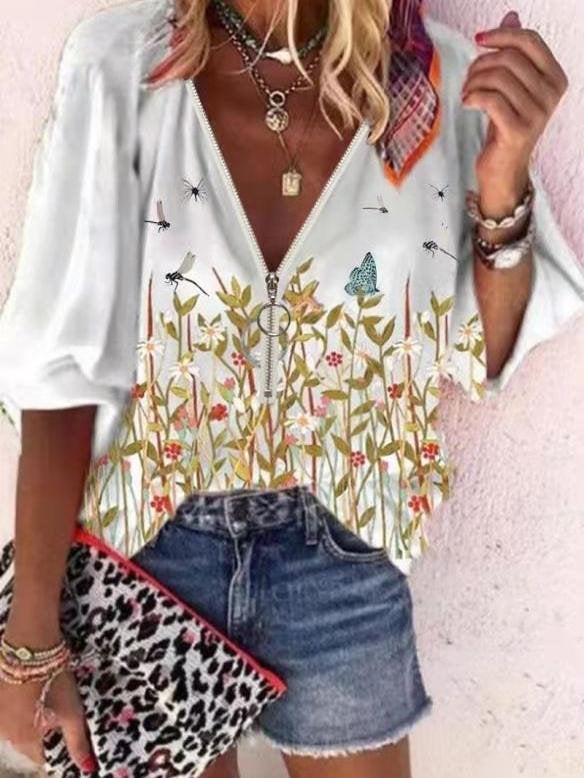 Flower Print Zipper Long Sleeve Casual Blouse - Blouses - INS | Online Fashion Free Shipping Clothing, Dresses, Tops, Shoes - 20-30 - 28/06/2021 - BLO2106281132