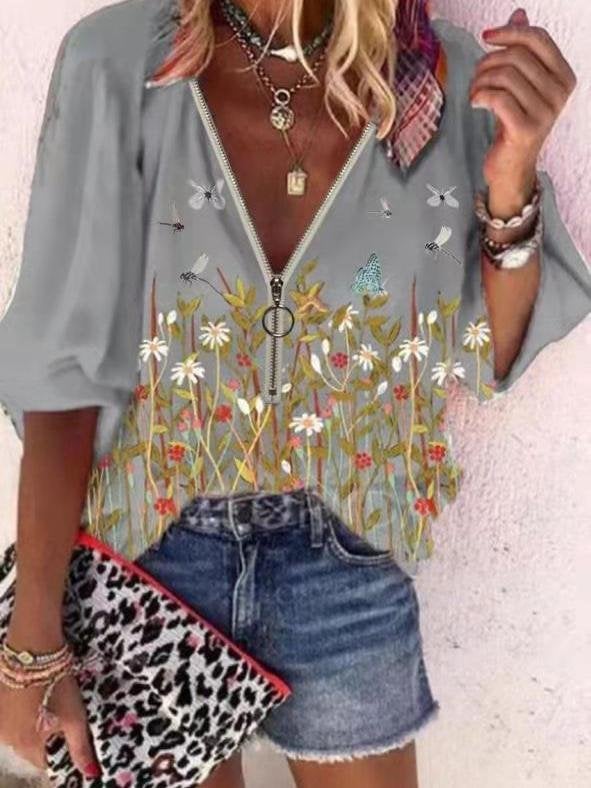 Flower Print Zipper Long Sleeve Casual Blouse - Blouses - INS | Online Fashion Free Shipping Clothing, Dresses, Tops, Shoes - 20-30 - 28/06/2021 - BLO2106281132