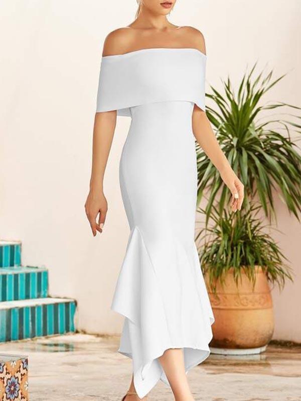Fold Off Shoulder Asymmetrical Hem Bandage Dress - Dresses - INS | Online Fashion Free Shipping Clothing, Dresses, Tops, Shoes - 02/05/2021 - Color_White - Dresses