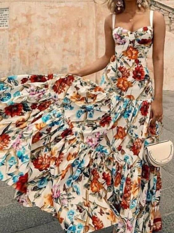 Foral Print Sleeveless Sling Dress - Maxi Dresses - INS | Online Fashion Free Shipping Clothing, Dresses, Tops, Shoes - 04/06/2021 - Color_White - DRE2106040050