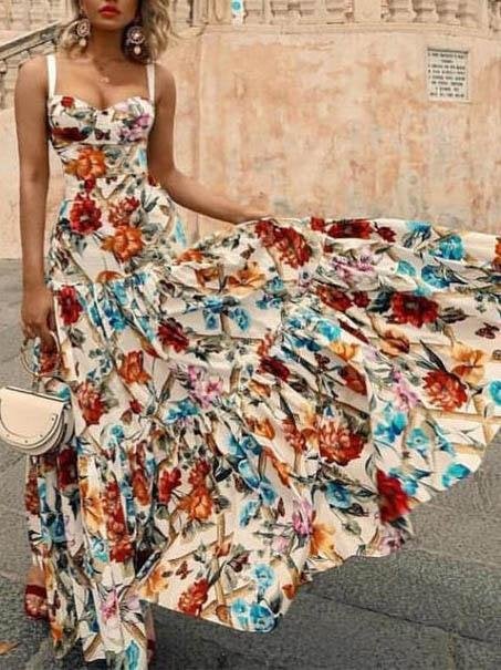 Foral Print Sleeveless Sling Dress - Maxi Dresses - INS | Online Fashion Free Shipping Clothing, Dresses, Tops, Shoes - 04/06/2021 - Color_White - DRE2106040050