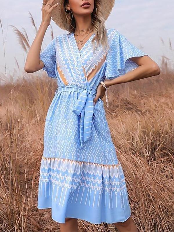 French Printed V-neck Short-sleeved Lace-up Dress - Midi Dresses - INS | Online Fashion Free Shipping Clothing, Dresses, Tops, Shoes - 22/03/2021 - AMZ - Blue