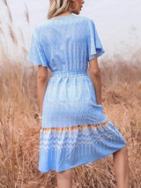 French Printed V-neck Short-sleeved Lace-up Dress - Midi Dresses - INS | Online Fashion Free Shipping Clothing, Dresses, Tops, Shoes - 22/03/2021 - AMZ - Blue