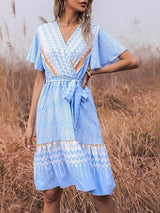 French Printed V-neck Short-sleeved Lace-up Dress - Midi Dresses - INS | Online Fashion Free Shipping Clothing, Dresses, Tops, Shoes - 22/03/2021 - AMZ - Blue