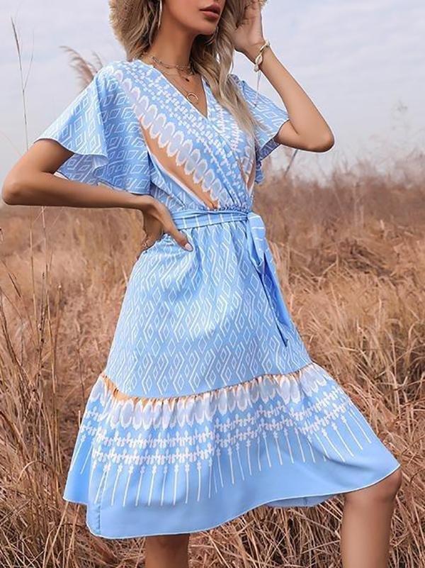 French Printed V-neck Short-sleeved Lace-up Dress - Midi Dresses - INS | Online Fashion Free Shipping Clothing, Dresses, Tops, Shoes - 22/03/2021 - AMZ - Blue