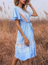 French Printed V-neck Short-sleeved Lace-up Dress - Midi Dresses - INS | Online Fashion Free Shipping Clothing, Dresses, Tops, Shoes - 22/03/2021 - AMZ - Blue