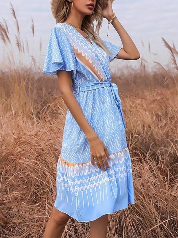 French Printed V-neck Short-sleeved Lace-up Dress - Midi Dresses - INS | Online Fashion Free Shipping Clothing, Dresses, Tops, Shoes - 22/03/2021 - AMZ - Blue