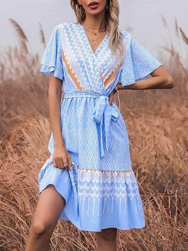 French Printed V-neck Short-sleeved Lace-up Dress - Midi Dresses - INS | Online Fashion Free Shipping Clothing, Dresses, Tops, Shoes - 22/03/2021 - AMZ - Blue