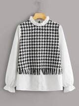 Frilled Neck Mixed Media Houndstooth Blouse - INS | Online Fashion Free Shipping Clothing, Dresses, Tops, Shoes