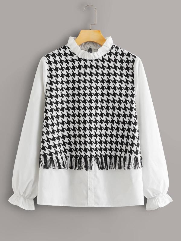 Frilled Neck Mixed Media Houndstooth Blouse - INS | Online Fashion Free Shipping Clothing, Dresses, Tops, Shoes