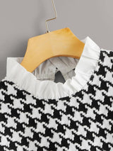 Frilled Neck Mixed Media Houndstooth Blouse - INS | Online Fashion Free Shipping Clothing, Dresses, Tops, Shoes