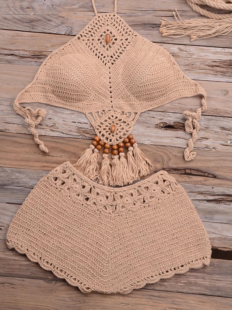 Fringe High Waist Crochet High Neck Bikini Two Piece Swimsuit - Swimsuits - INS | Online Fashion Free Shipping Clothing, Dresses, Tops, Shoes - 14/04/2021 - Colour_Khaki - Pre-sale