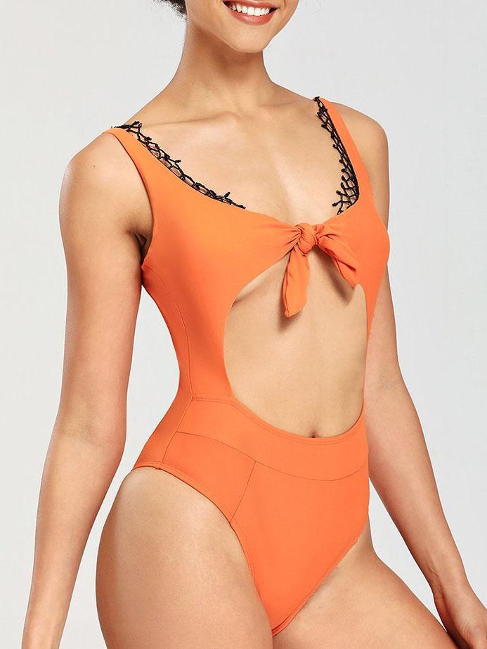 Front Tie Cutout With Lace One-Piece Bikini - Swimsuits - INS | Online Fashion Free Shipping Clothing, Dresses, Tops, Shoes - 06/04/2021 - AMZ - Color_Orange