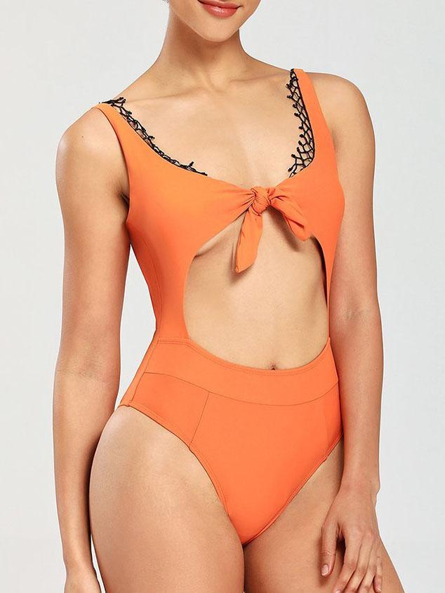 Front Tie Cutout With Lace One-Piece Bikini - Swimsuits - INS | Online Fashion Free Shipping Clothing, Dresses, Tops, Shoes - 06/04/2021 - AMZ - Color_Orange