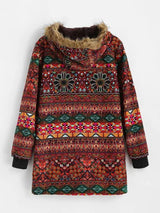 Fur Collar Fleece Lined Tribal Print Coat - INS | Online Fashion Free Shipping Clothing, Dresses, Tops, Shoes