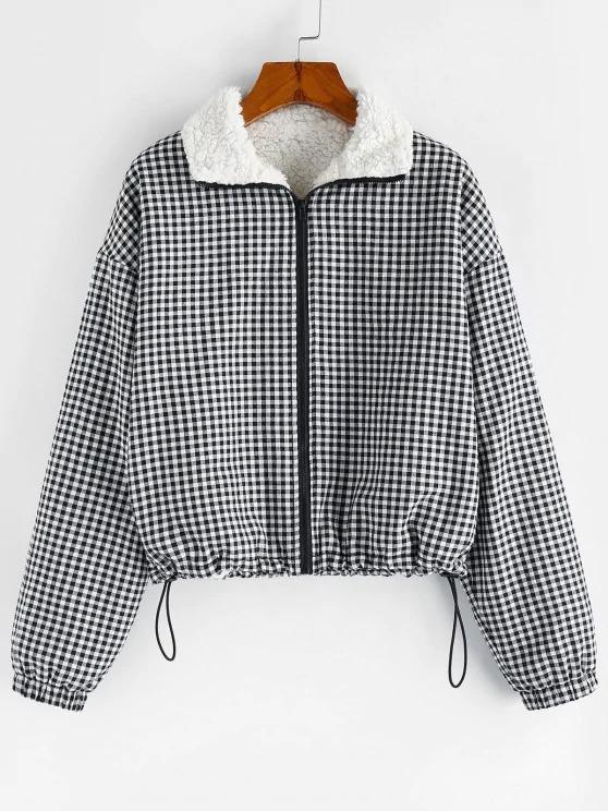 Gingham Drop Shoulder Faux Fur Lining Coat - INS | Online Fashion Free Shipping Clothing, Dresses, Tops, Shoes