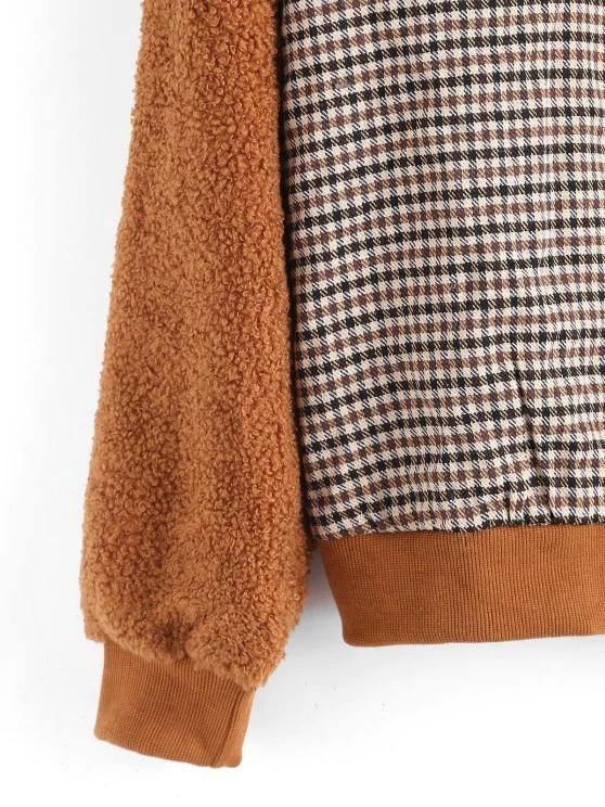 Gingham Faux Shearling Teddy Baseball Jacket - INS | Online Fashion Free Shipping Clothing, Dresses, Tops, Shoes