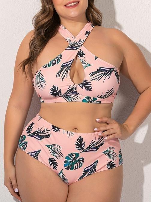 Green Leaf Cross Plus Size Split Swimsuit - Plus Swimsuits - INS | Online Fashion Free Shipping Clothing, Dresses, Tops, Shoes - 21/04/2021 - 2104V3 - Catagory_Plus Swimsuits