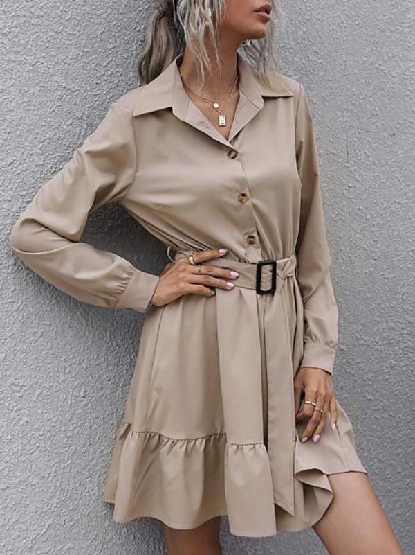 Half Button Belted Flounce Shirt Dress - Mini Dresses - INS | Online Fashion Free Shipping Clothing, Dresses, Tops, Shoes - 02/07/2021 - Autumn - Casual Dresses