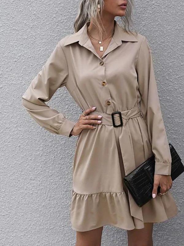 Half Button Belted Flounce Shirt Dress - Mini Dresses - INS | Online Fashion Free Shipping Clothing, Dresses, Tops, Shoes - 02/07/2021 - Autumn - Casual Dresses