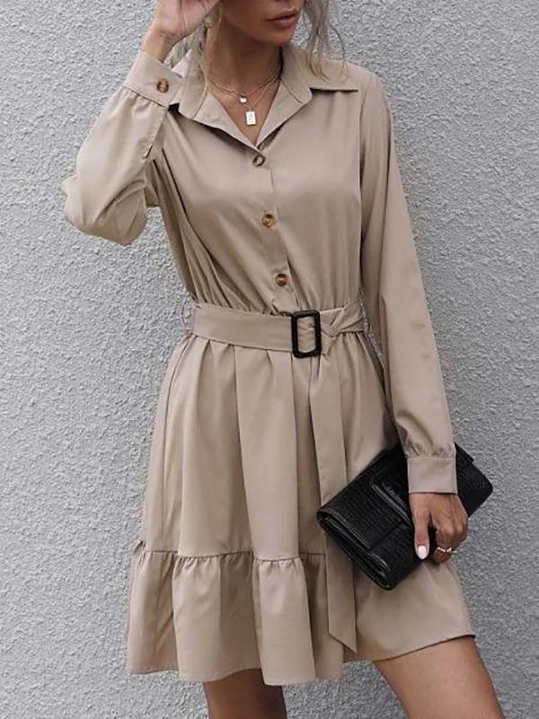 Half Button Belted Flounce Shirt Dress - Mini Dresses - INS | Online Fashion Free Shipping Clothing, Dresses, Tops, Shoes - 02/07/2021 - Autumn - Casual Dresses