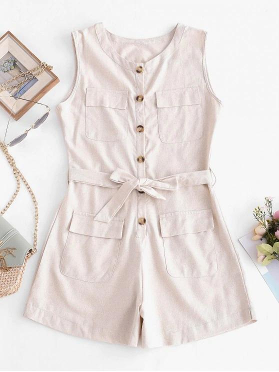 Half Buttoned Belted Flap Pockets Cargo Romper - INS | Online Fashion Free Shipping Clothing, Dresses, Tops, Shoes