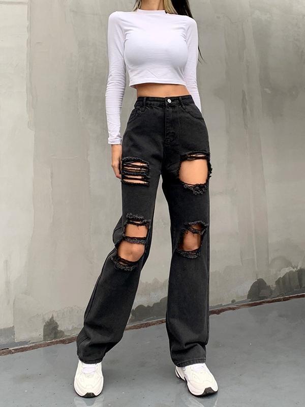 High Waist Button Personality Ripped Loose Straight-leg Pants - Pants - INS | Online Fashion Free Shipping Clothing, Dresses, Tops, Shoes - 10/05/2021 - Category_Pants - Color_Black