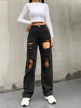 High Waist Button Personality Ripped Loose Straight-leg Pants - Pants - INS | Online Fashion Free Shipping Clothing, Dresses, Tops, Shoes - 10/05/2021 - Category_Pants - Color_Black