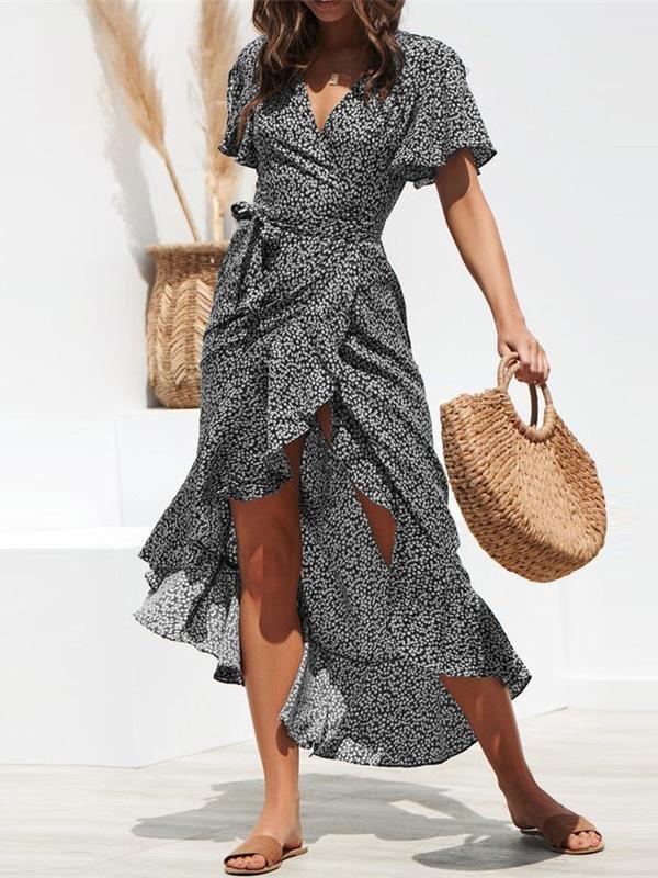 High-waist Irregular Ruffled Hem Chiffon Print Dress - Maxi Dresses - INS | Online Fashion Free Shipping Clothing, Dresses, Tops, Shoes - 2XL - 31/03/2021 - Black