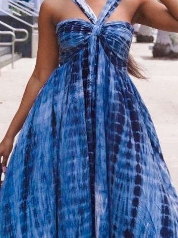 High Waist Suspender Sleeveless Printed Dress - Maxi Dresses - INS | Online Fashion Free Shipping Clothing, Dresses, Tops, Shoes - 11/06/2021 - Category_Maxi Dresses - Color_Blue