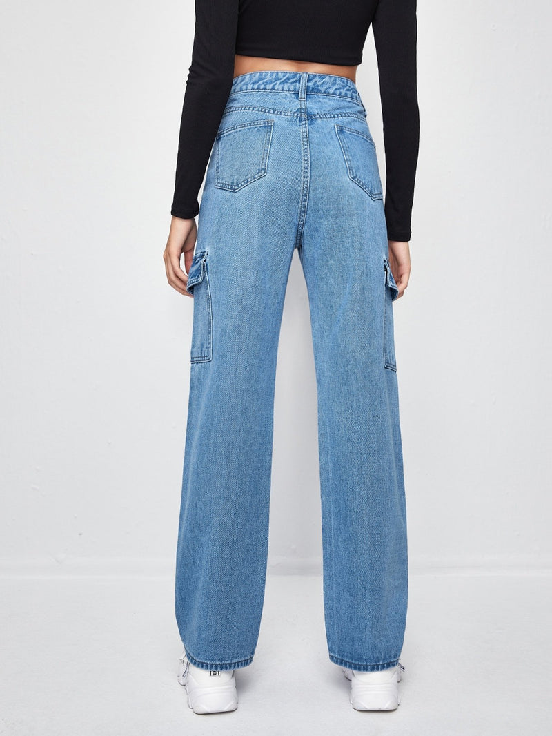 High-Waisted Patch Pocket Straight Jeans - INS | Online Fashion Free Shipping Clothing, Dresses, Tops, Shoes