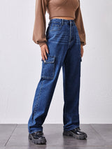 High-Waisted Patch Pocket Straight Jeans - INS | Online Fashion Free Shipping Clothing, Dresses, Tops, Shoes